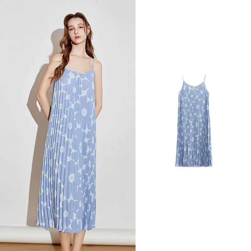 TOYOUTH Women Suspender Dress 2025 Spring New Pleated Printed Straight Sleeveless Vacation Sun Dress