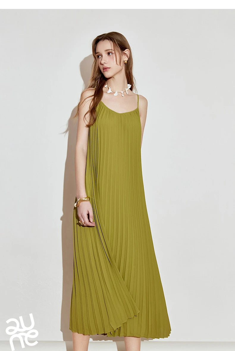 TOYOUTH Women Suspender Dress 2025 Spring New Pleated Printed Straight Sleeveless Vacation Sun Dress