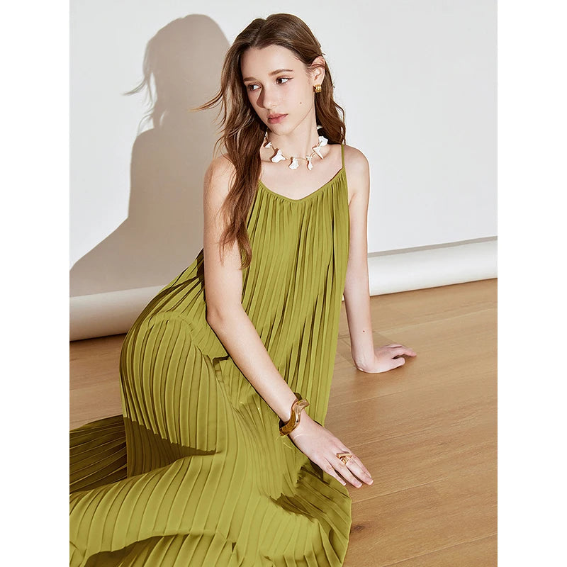 TOYOUTH Women Suspender Dress 2025 Spring New Pleated Printed Straight Sleeveless Vacation Sun Dress