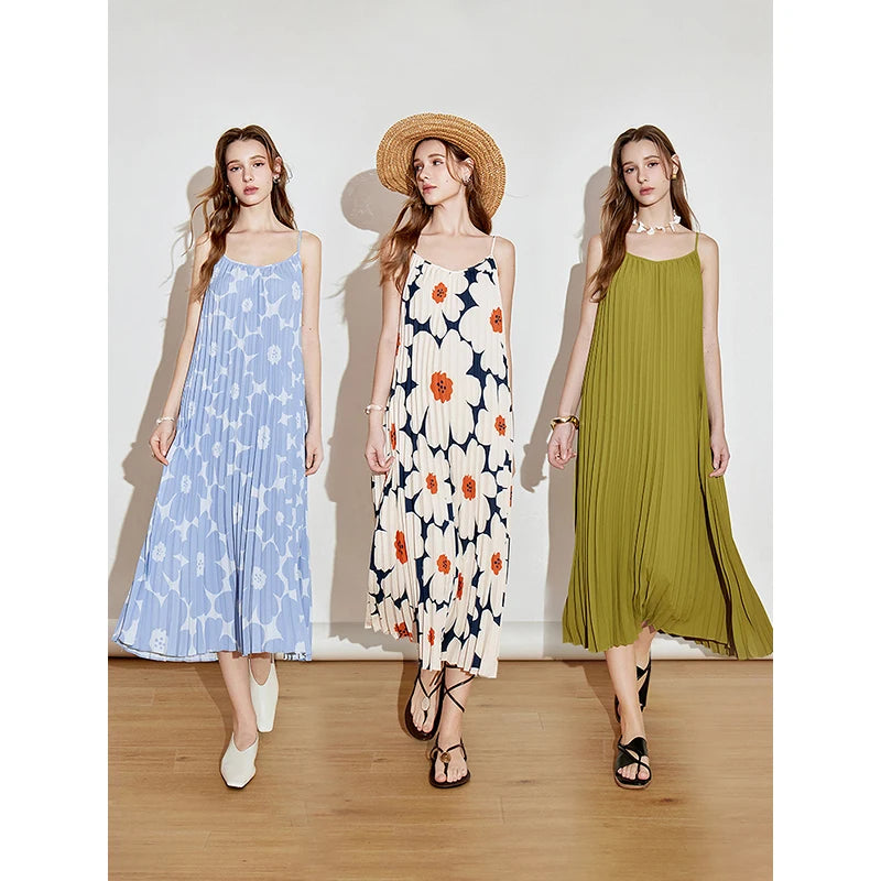 TOYOUTH Women Suspender Dress 2025 Spring New Pleated Printed Straight Sleeveless Vacation Sun Dress