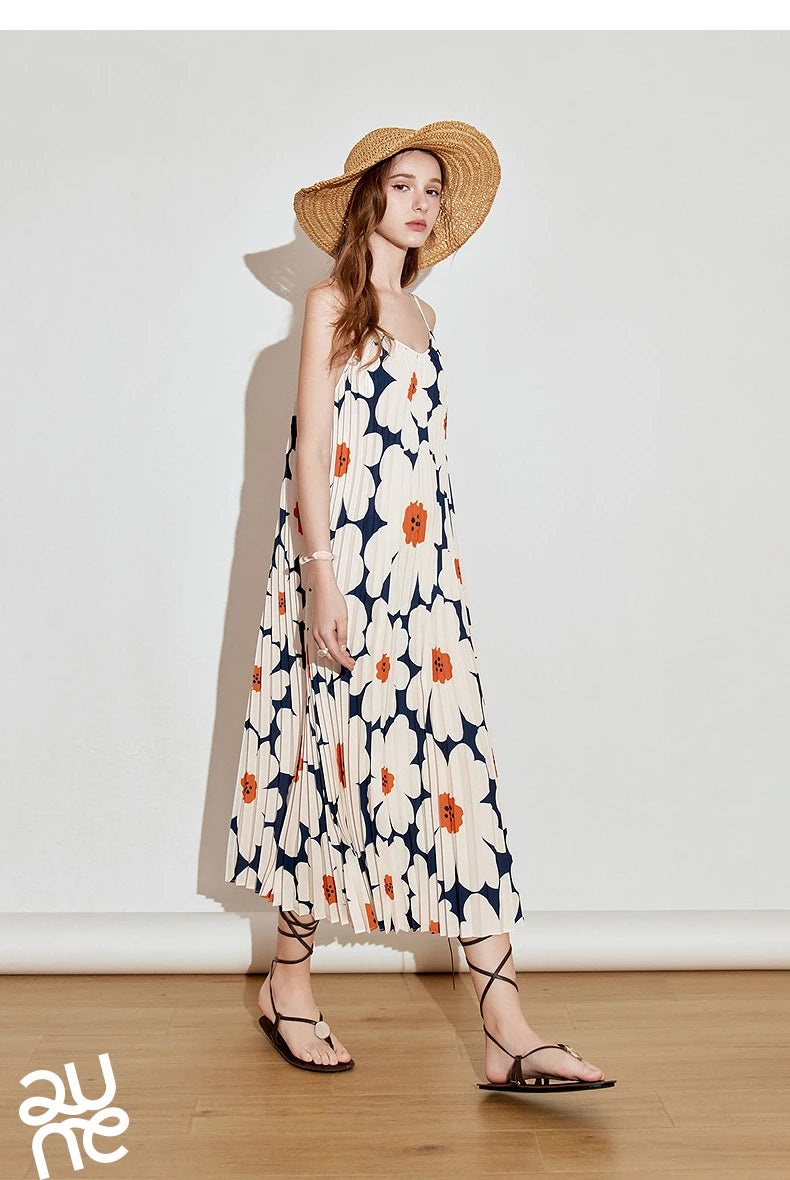 TOYOUTH Women Suspender Dress 2025 Spring New Pleated Printed Straight Sleeveless Vacation Sun Dress