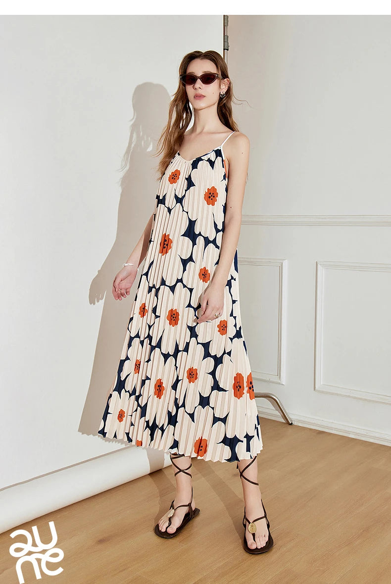 TOYOUTH Women Suspender Dress 2025 Spring New Pleated Printed Straight Sleeveless Vacation Sun Dress