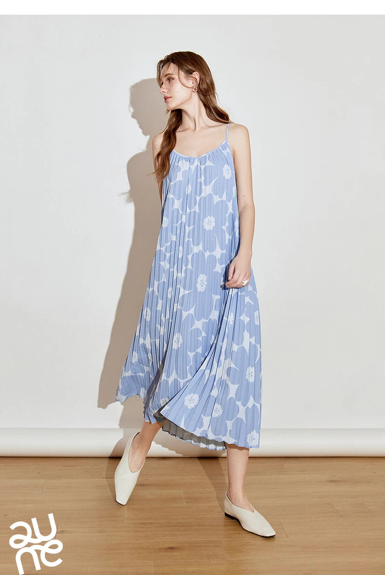 TOYOUTH Women Suspender Dress 2025 Spring New Pleated Printed Straight Sleeveless Vacation Sun Dress