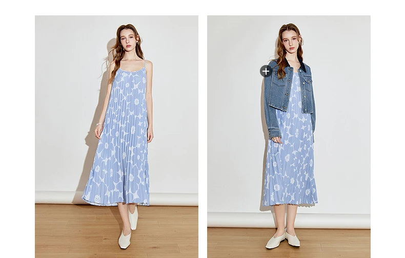 TOYOUTH Women Suspender Dress 2025 Spring New Pleated Printed Straight Sleeveless Vacation Sun Dress