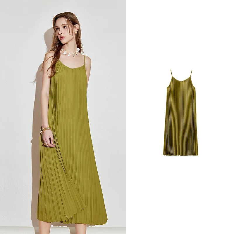 TOYOUTH Women Suspender Dress 2025 Spring New Pleated Printed Straight Sleeveless Vacation Sun Dress