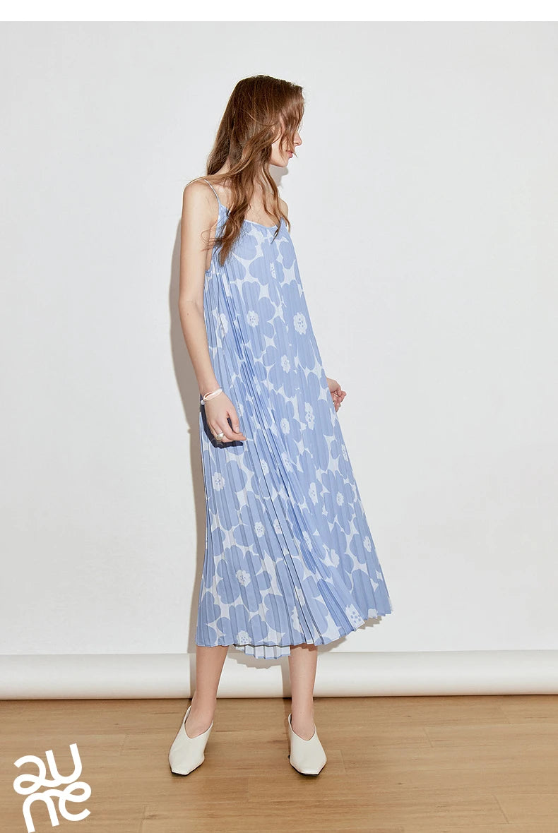 TOYOUTH Women Suspender Dress 2025 Spring New Pleated Printed Straight Sleeveless Vacation Sun Dress