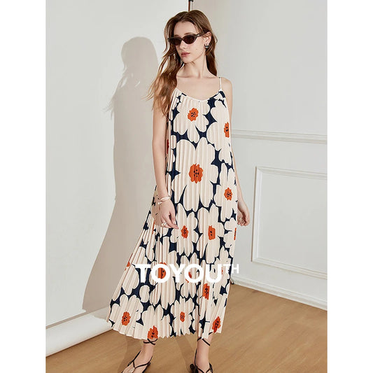TOYOUTH Women Suspender Dress 2025 Spring New Pleated Printed Straight Sleeveless Vacation Sun Dress