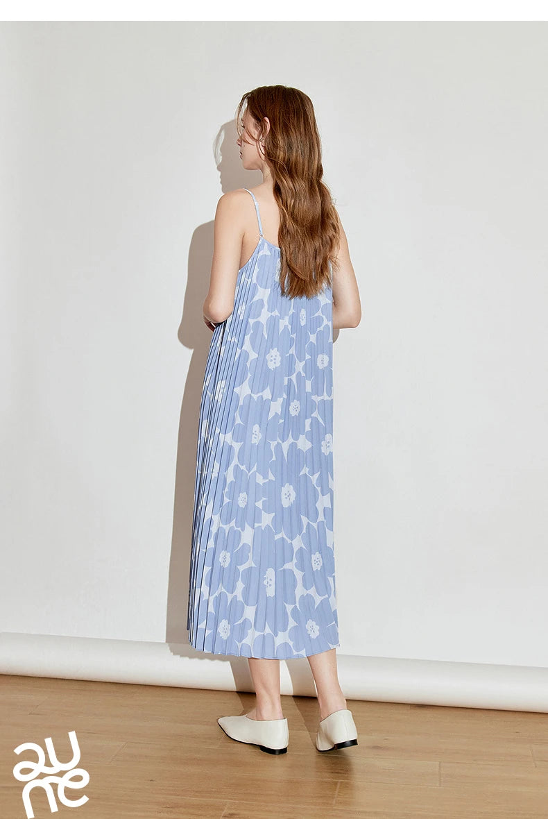 TOYOUTH Women Suspender Dress 2025 Spring New Pleated Printed Straight Sleeveless Vacation Sun Dress