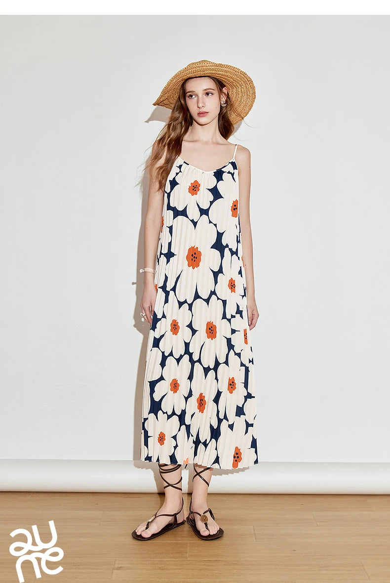 TOYOUTH Women Suspender Dress 2025 Spring New Pleated Printed Straight Sleeveless Vacation Sun Dress