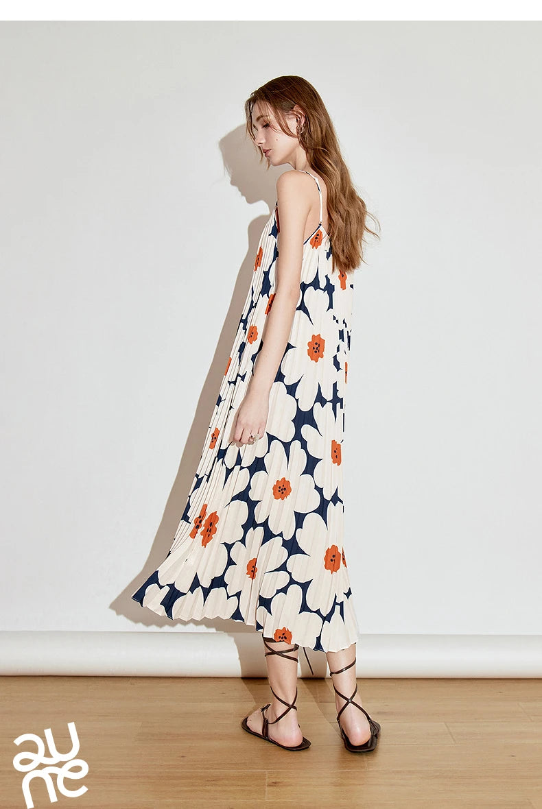 TOYOUTH Women Suspender Dress 2025 Spring New Pleated Printed Straight Sleeveless Vacation Sun Dress