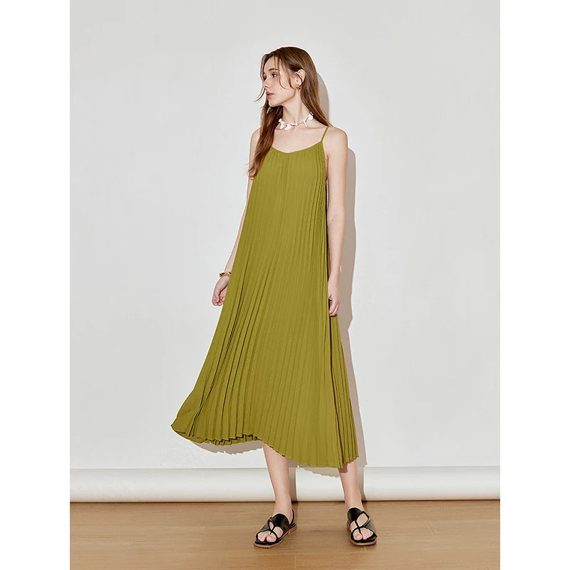 TOYOUTH Women Suspender Dress 2025 Spring New Pleated Printed Straight Sleeveless Vacation Sun Dress