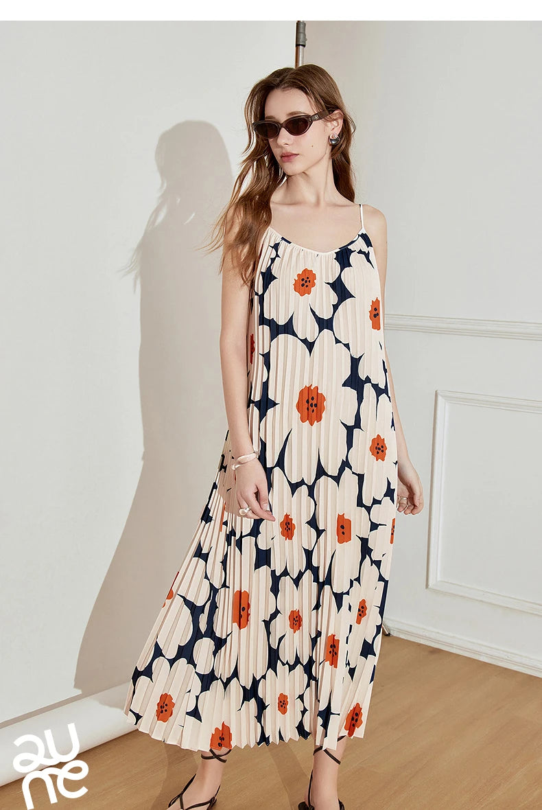 TOYOUTH Women Suspender Dress 2025 Spring New Pleated Printed Straight Sleeveless Vacation Sun Dress