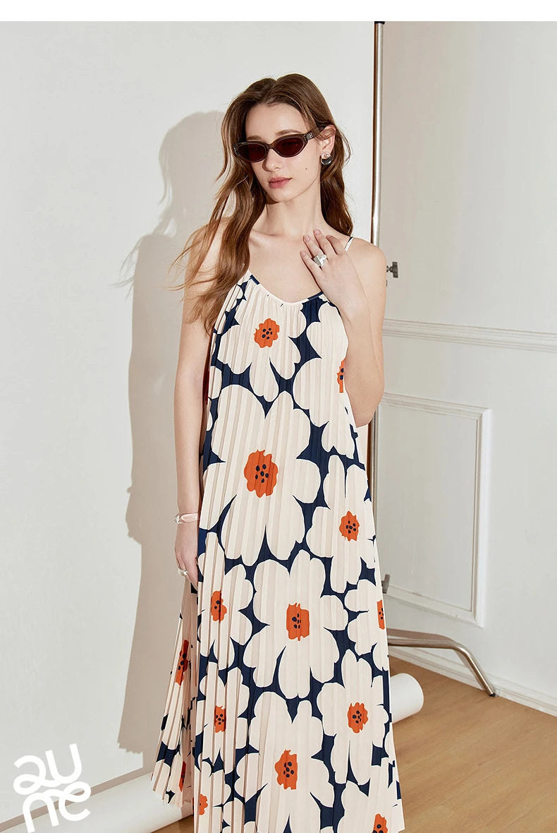 TOYOUTH Women Suspender Dress 2025 Spring New Pleated Printed Straight Sleeveless Vacation Sun Dress