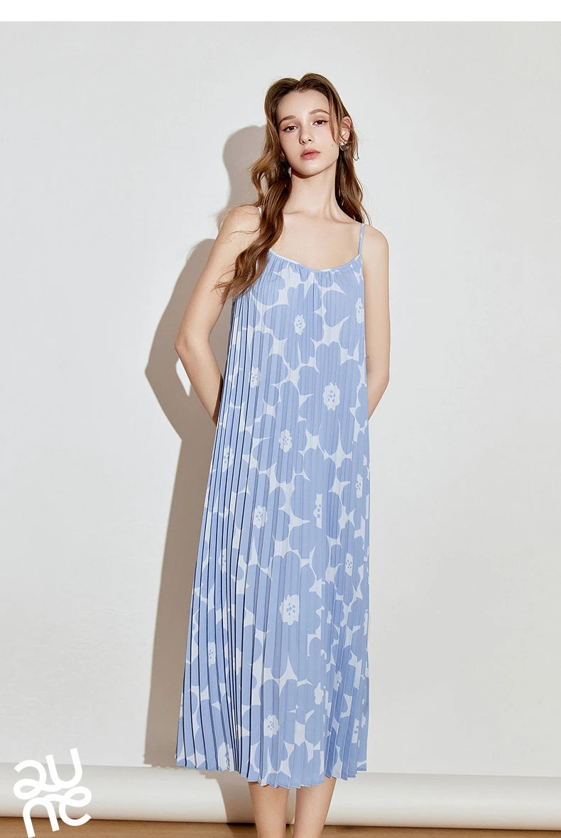 TOYOUTH Women Suspender Dress 2025 Spring New Pleated Printed Straight Sleeveless Vacation Sun Dress