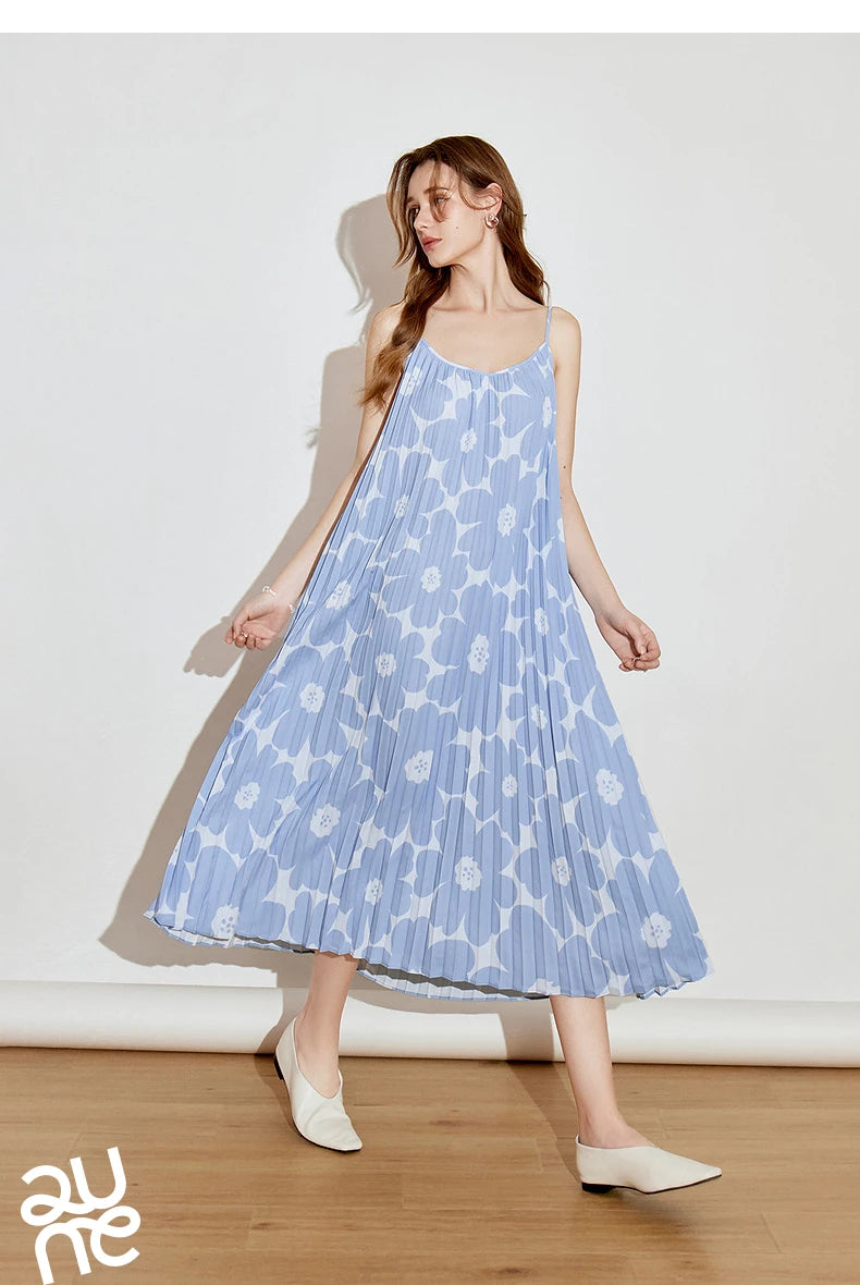 TOYOUTH Women Suspender Dress 2025 Spring New Pleated Printed Straight Sleeveless Vacation Sun Dress