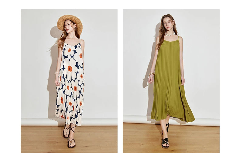 TOYOUTH Women Suspender Dress 2025 Spring New Pleated Printed Straight Sleeveless Vacation Sun Dress