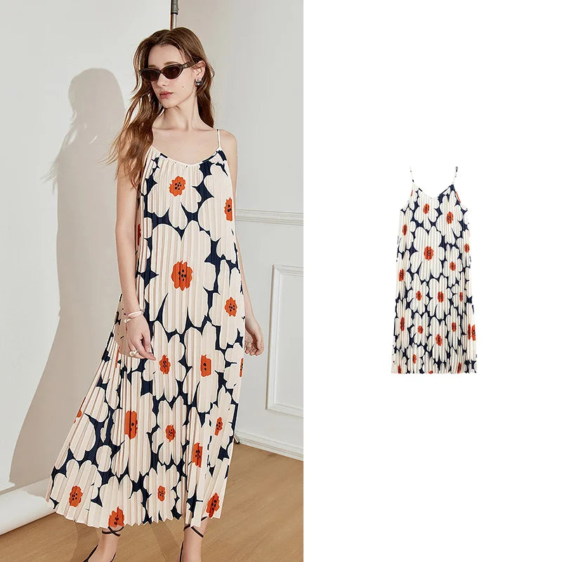 TOYOUTH Women Suspender Dress 2025 Spring New Pleated Printed Straight Sleeveless Vacation Sun Dress